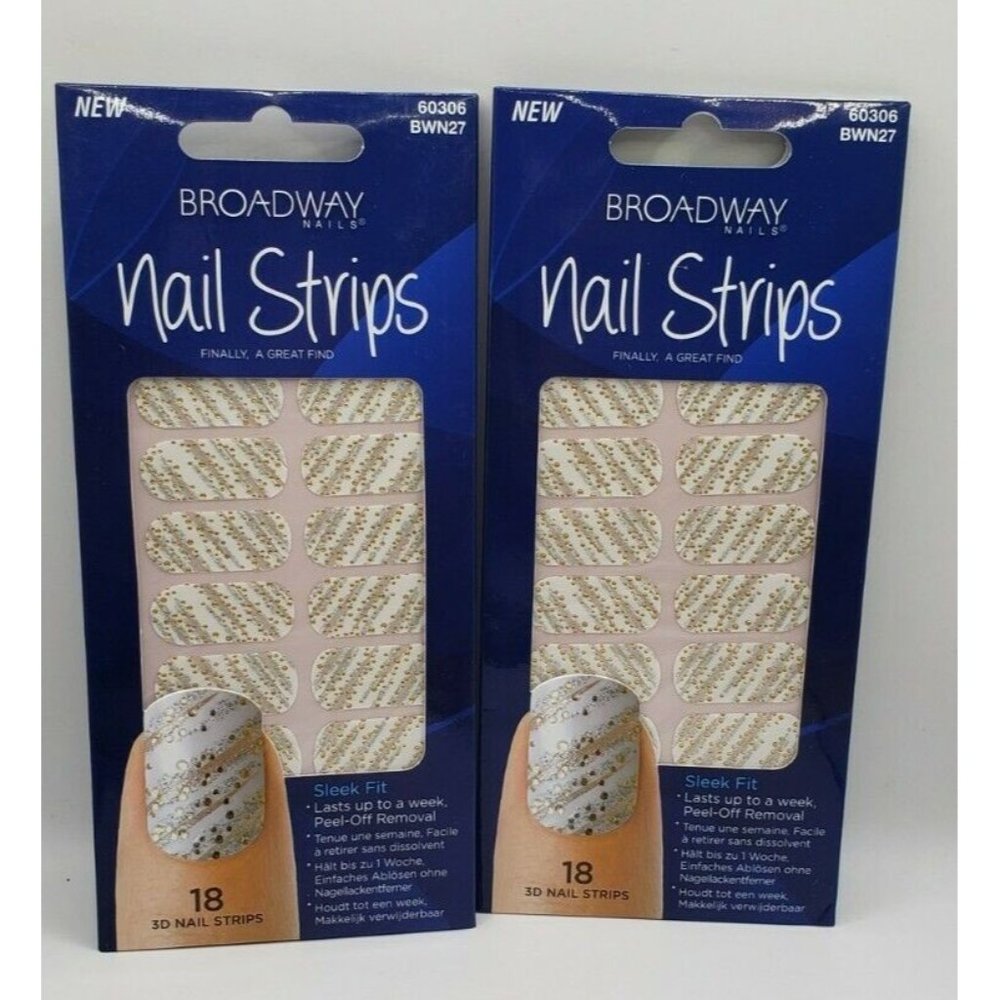 2 Broadway Nails Nail Strips Polish Stickers #60306 Gold Sparkle Neutral Silver